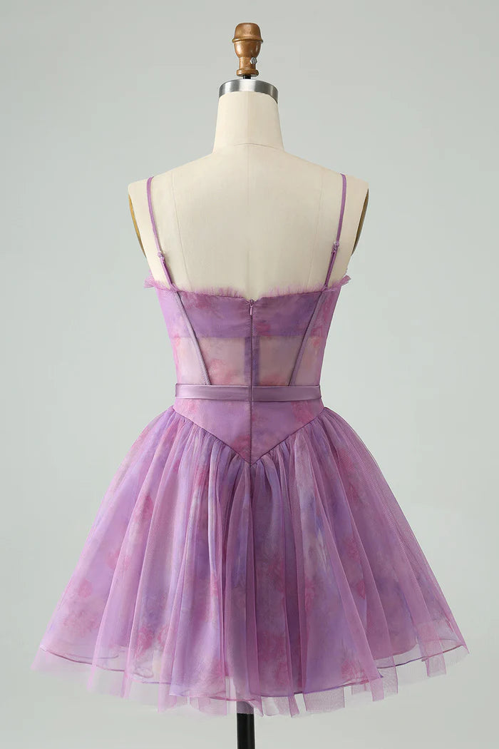 Weitese Dress Chic Purple A Line Spaghetti Straps Floral Corset Short Homecoming Dress Sleeveless Party Dress